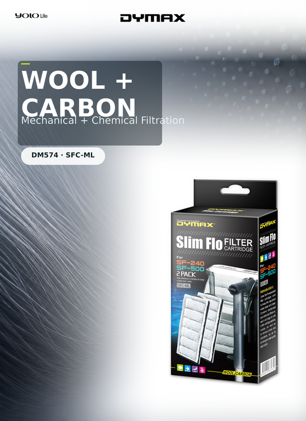 Dymax Slim Flo 240-500(2/pk), Carbon Filter Cartridge for Fish, Tank
