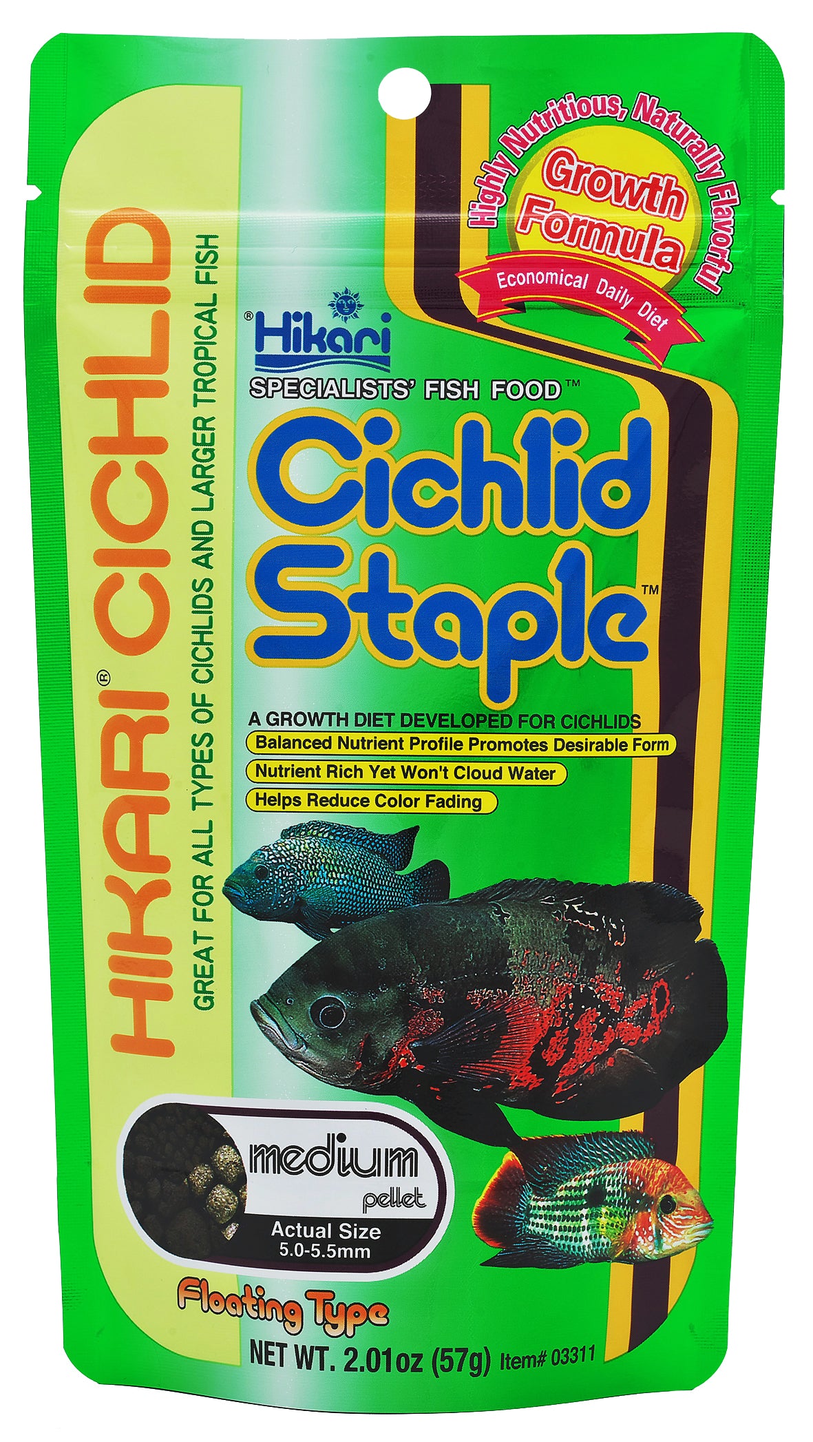Hikari Cichlid Staple Medium Floating Fish Food 57g, Daily Growth Pellets, Nutritional Aquarium Fish Diet, for Cichlids, Tropical Fish, Daily Feeding