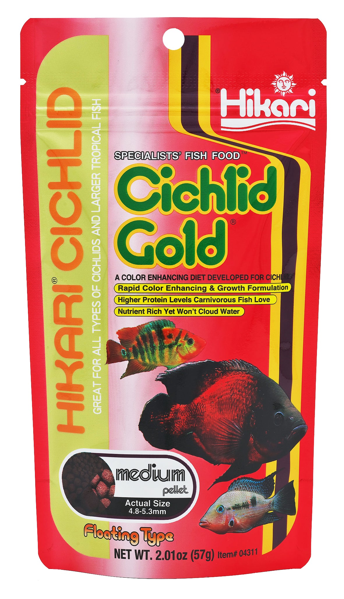 Hikari Cichlid Gold Medium Pellet 57g, Color-Enhancing Floating Fish Food, High Protein Nutrient-Dense Diet, for Cichlids, Tropical Fish, Aquarium