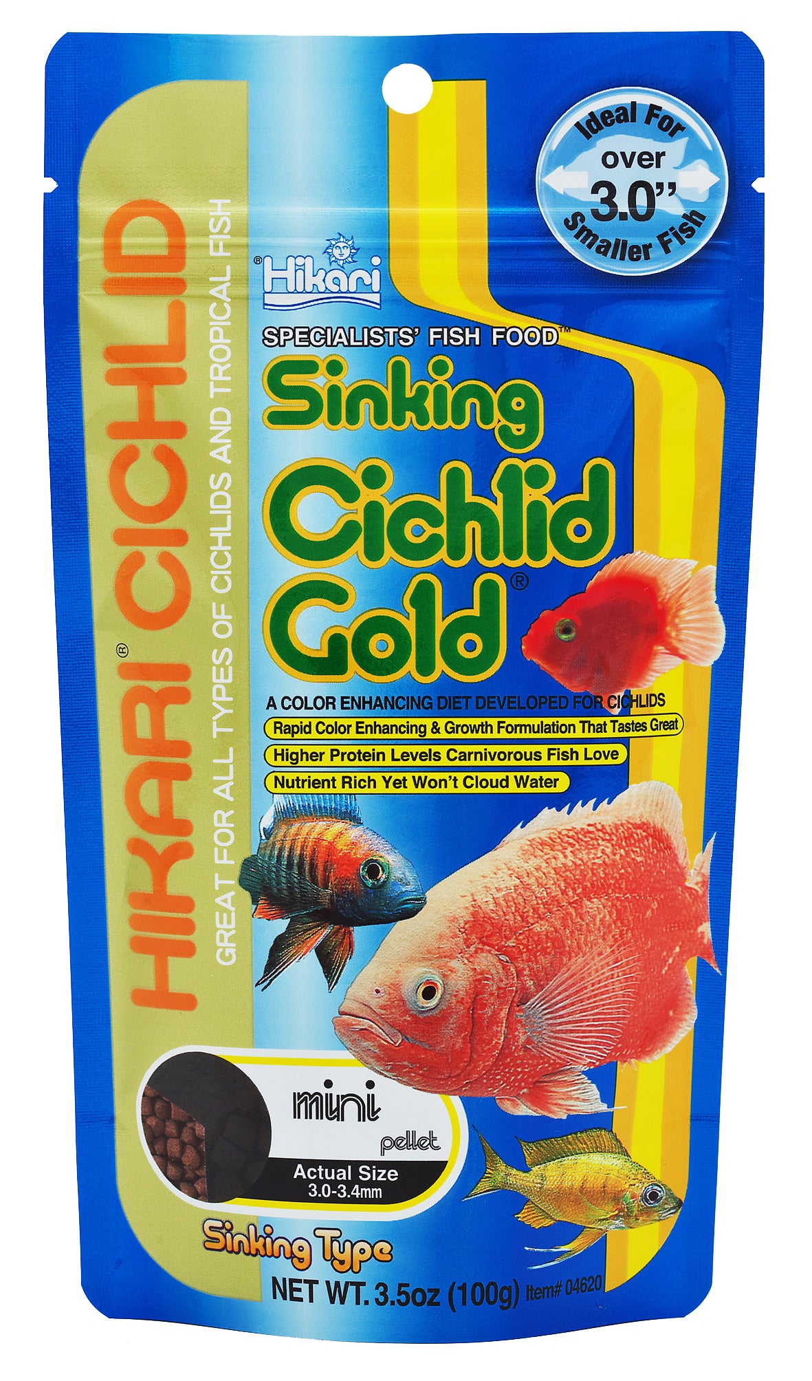 Hikari Sinking Cichlid Gold Mini Pellet Fish Food 100g, 3.0-3.4 mm Sinking Pellets, Cichlid Diet, for Tropical Fish, Carnivores, Color Enhancement