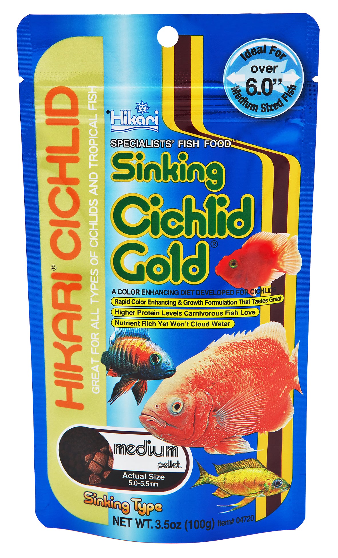 Hikari Sinking Cichlid Gold Medium Pellet Fish Food 100g, High Protein Tropical Fish Nutrition, Color Enhancing Pellets for Cichlids, Growth, Health