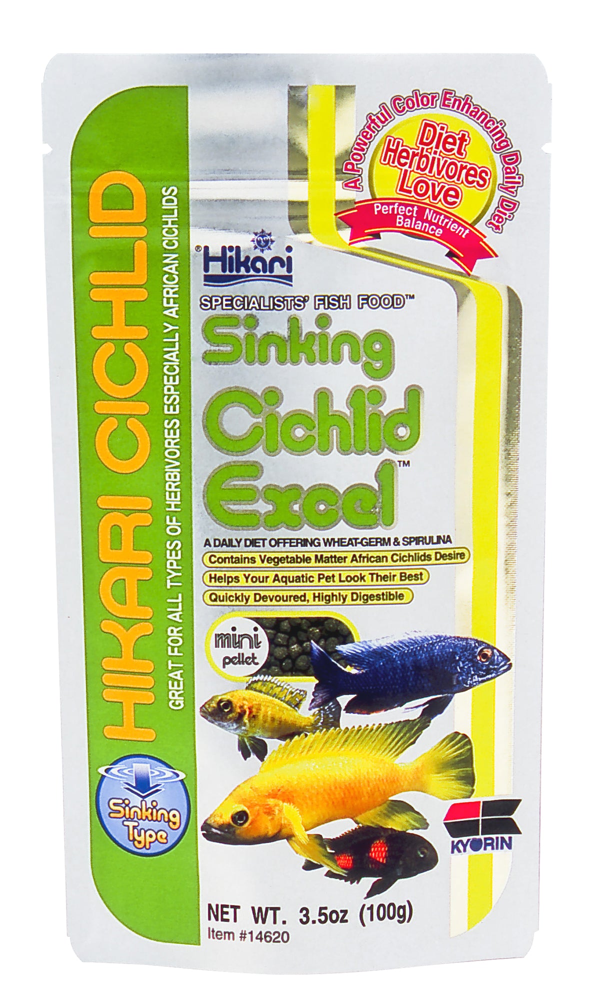 Hikari Sinking Cichlid Excel Mini Pellet Fish Food 100g, Daily Aquarium Diet, Cichlid Food, for African Cichlids, Freshwater Fish, Bottom Feeders