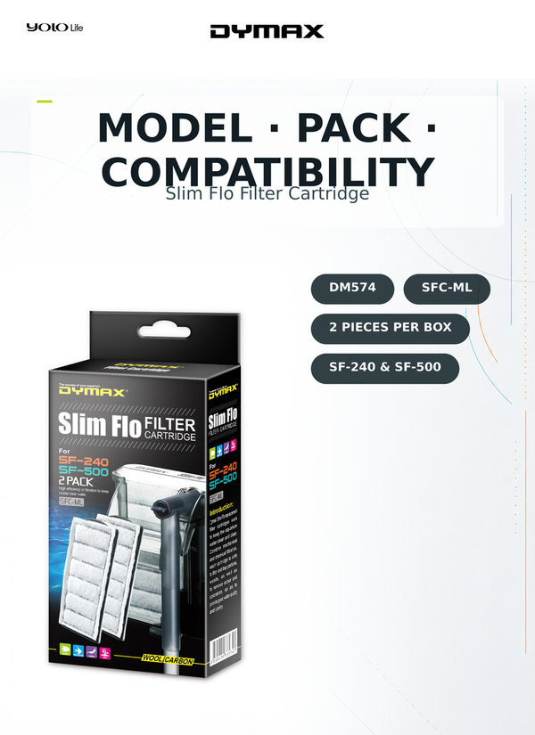 Dymax Slim Flo 240-500(2/pk), Carbon Filter Cartridge for Fish, Tank