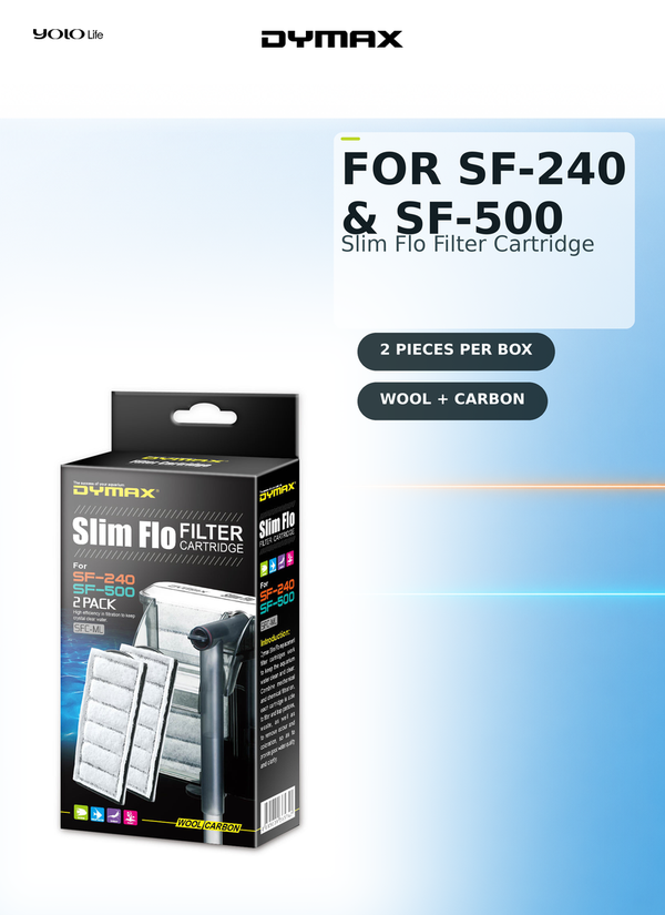 Dymax Slim Flo 240-500(2/pk), Carbon Filter Cartridge for Fish, Tank