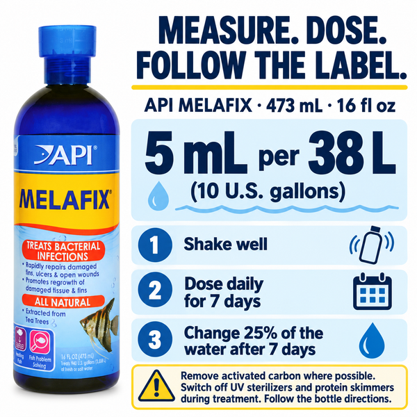 API MELAFIX Bacterial Fish Treatment 473 mL (16 fl oz) — label dosing directions