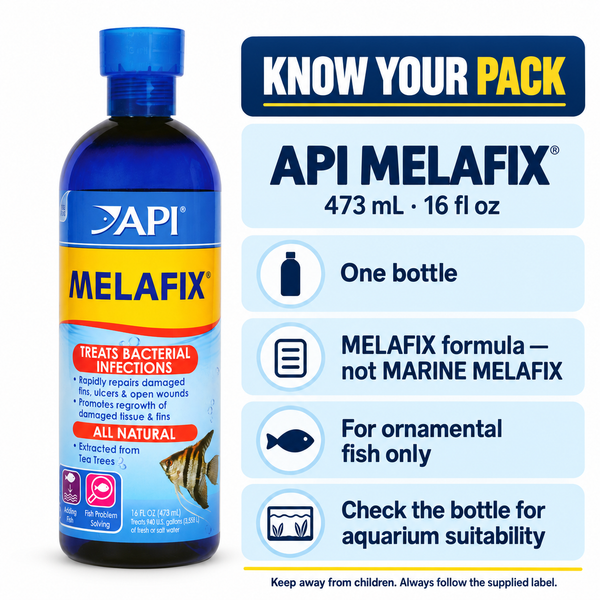 API MELAFIX Bacterial Fish Treatment 473 mL (16 fl oz) — pack contents and care