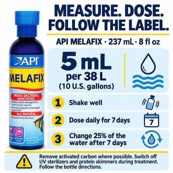 API MELAFIX Bacterial Fish Treatment 237 mL (8 fl oz) — label dosing directions