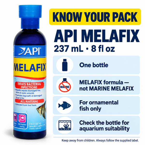 API MELAFIX Bacterial Fish Treatment 237 mL (8 fl oz) — pack contents and care