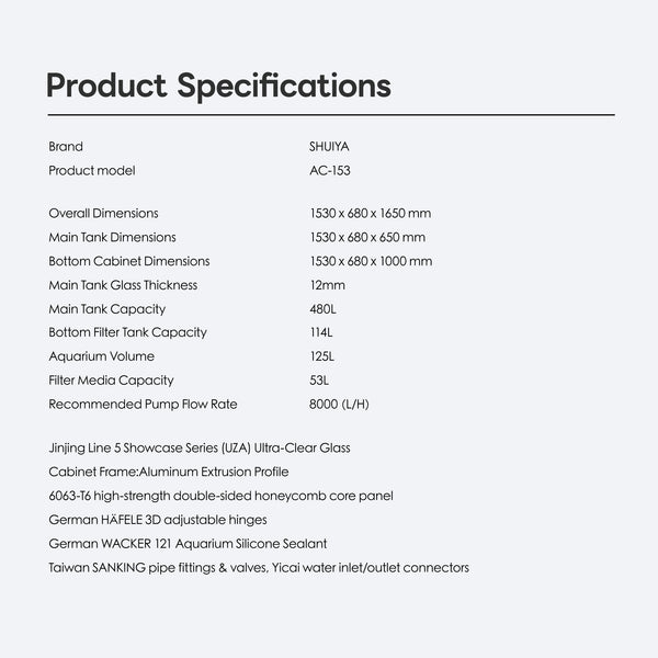 SHUIYA AC-153 specification table with dimensions, 480 L main tank capacity and 12 mm glass