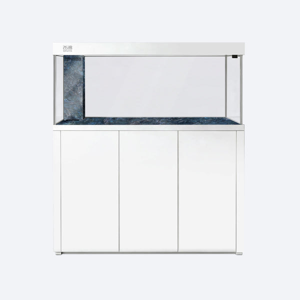 Front view of SHUIYA AC-153, Pearl White cabinet, Jade Blue base and left overflow