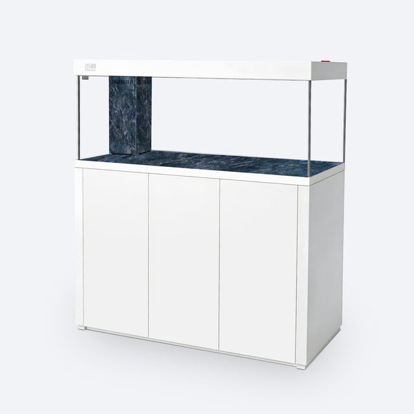SHUIYA AC-153 aquarium and Pearl White cabinet with Jade Blue base and left overflow
