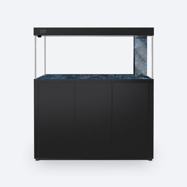 Front view of SHUIYA AC-153, Raven Black cabinet, Jade Blue base and right overflow