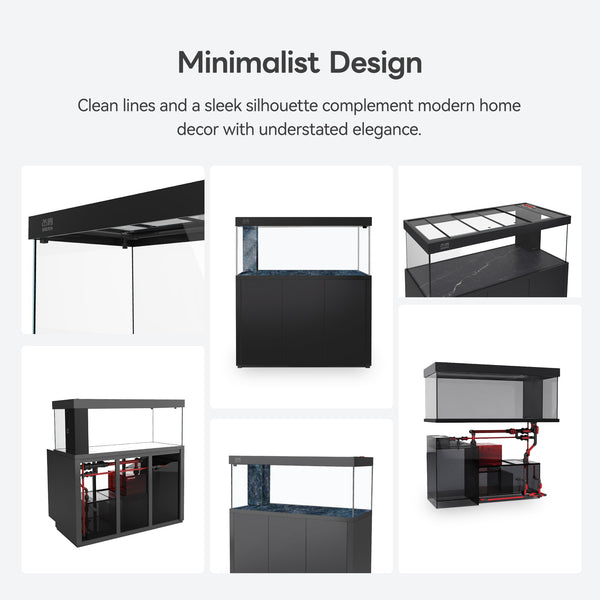 SHUIYA aquarium range showing cabinet frame, tank and sump layout