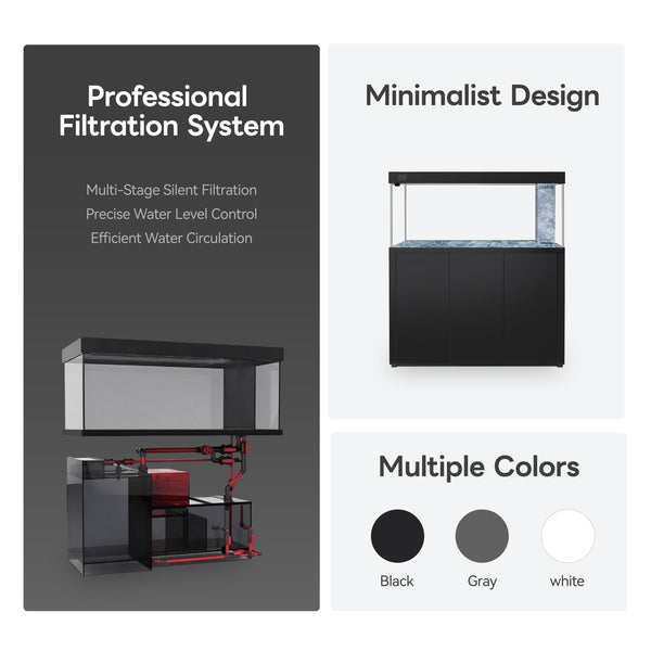 SHUIYA aquarium range showing sump filtration, cabinet design and colour options