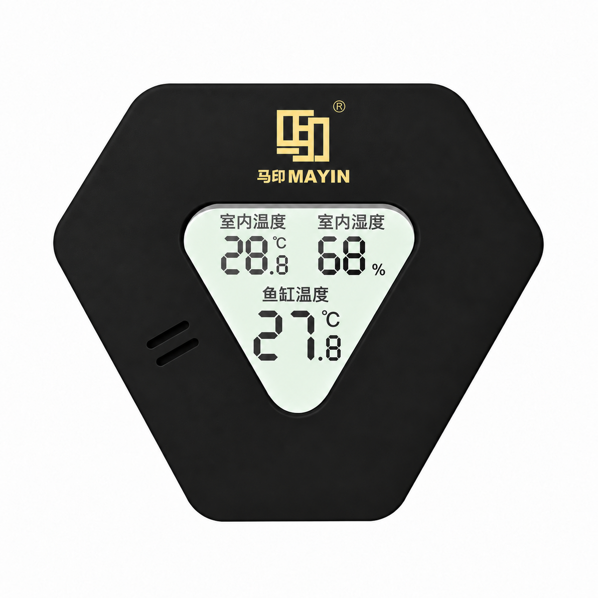 Black MAYIN digital aquarium thermometer with a display for fish tank temperature, indoor temperature and indoor humidity