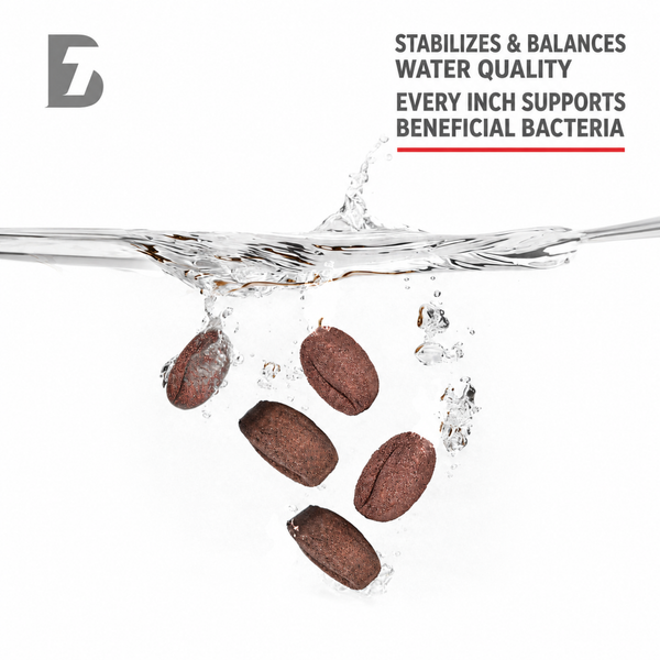 Coffee bean biological filter media illustrated in flowing water