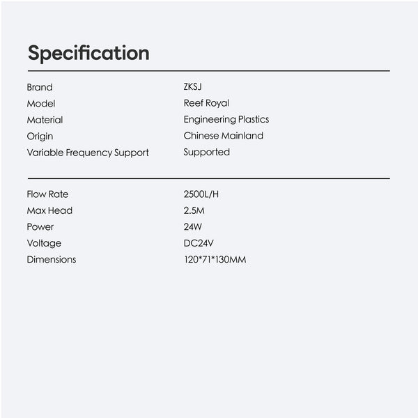 ZKSJ Reef Royal 2500 aquarium pump specification chart