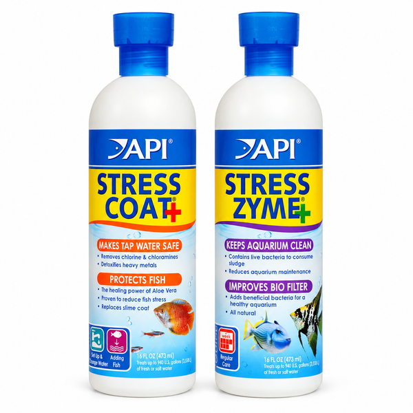 API Stress Coat+ and Stress Zyme 473 mL bottles included in the API-DUO bundle, on a white background