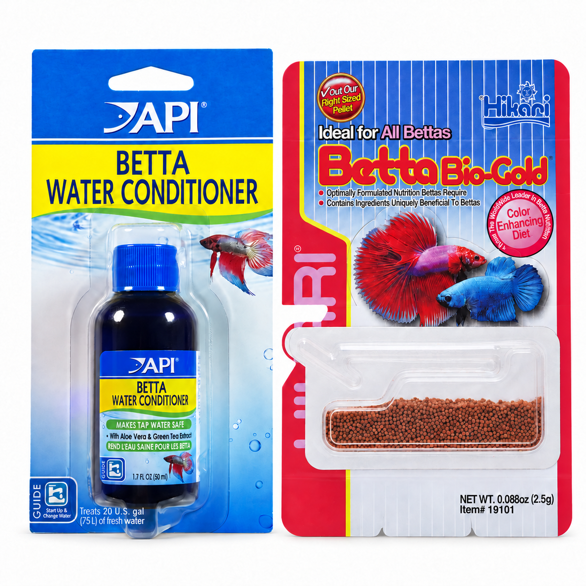 API Betta Water Conditioner 50 mL (1.7 fl oz) and Hikari Betta Bio-Gold 2.5 g, one pack each on a white background