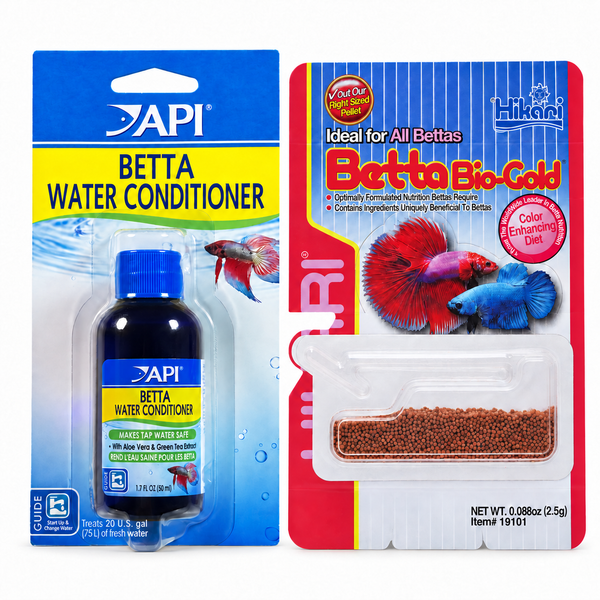 API Betta Water Conditioner 50 mL (1.7 fl oz) and Hikari Betta Bio-Gold 2.5 g, one pack each on a white background