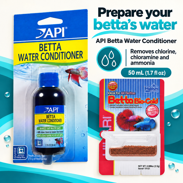 Prepare your betta's water. API Betta Water Conditioner. Removes chlorine, chloramine and ammonia. 50 mL (1.7 fl oz)