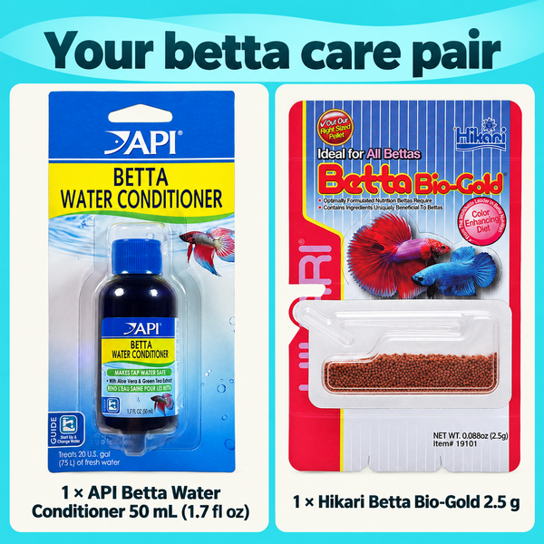 Your betta care pair. 1 × API Betta Water Conditioner 50 mL (1.7 fl oz). 1 × Hikari Betta Bio-Gold 2.5 g