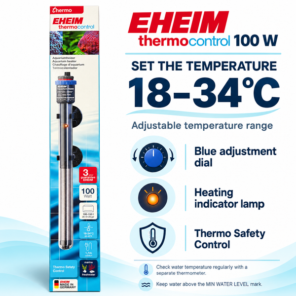 EHEIM thermocontrol 100 W aquarium heater — 18–34°C manual temperature adjustment and indicator lamp