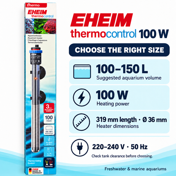 EHEIM thermocontrol 100 W specifications: 100–150 L aquarium volume, 319 mm length, 36 mm diameter and 220–240 V 50 Hz