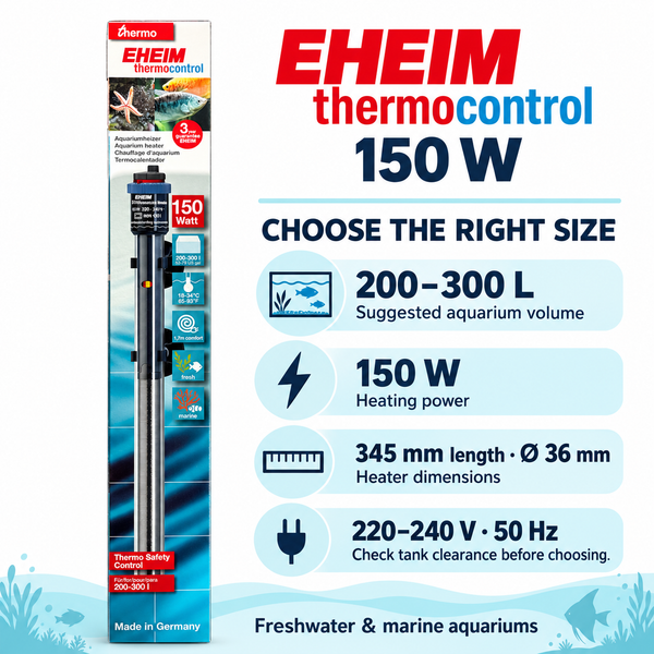 EHEIM thermocontrol 150 W aquarium heater — specifications for 200–300 L aquariums and 345 mm length