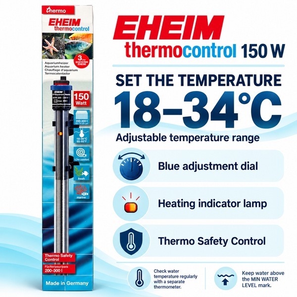EHEIM thermocontrol 150 W aquarium heater — 18–34°C manual temperature adjustment and indicator lamp