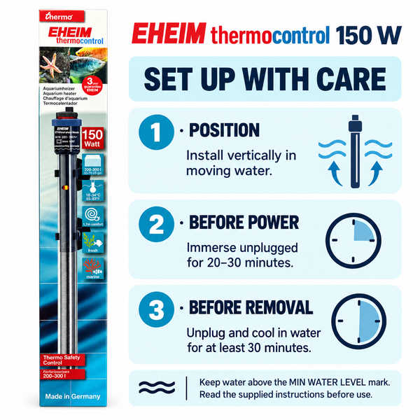 EHEIM thermocontrol 150 W aquarium heater — vertical setup and unplugged immersion and cooling instructions