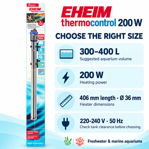 EHEIM thermocontrol 200 W aquarium heater — specifications for 300–400 L aquariums and 406 mm length