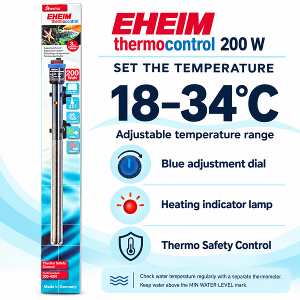 EHEIM thermocontrol 200 W aquarium heater — 18–34°C manual temperature adjustment and indicator lamp