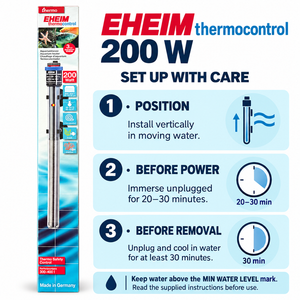 EHEIM thermocontrol 200 W aquarium heater — vertical setup and unplugged immersion and cooling instructions