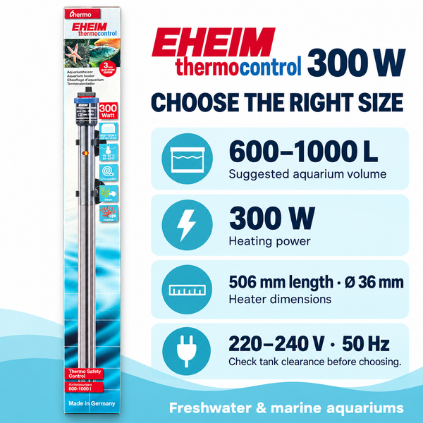 EHEIM thermocontrol 300 W aquarium heater — specifications for 600–1000 L aquariums and 506 mm length
