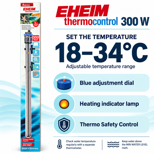 EHEIM thermocontrol 300 W aquarium heater — 18–34°C manual temperature adjustment and indicator lamp