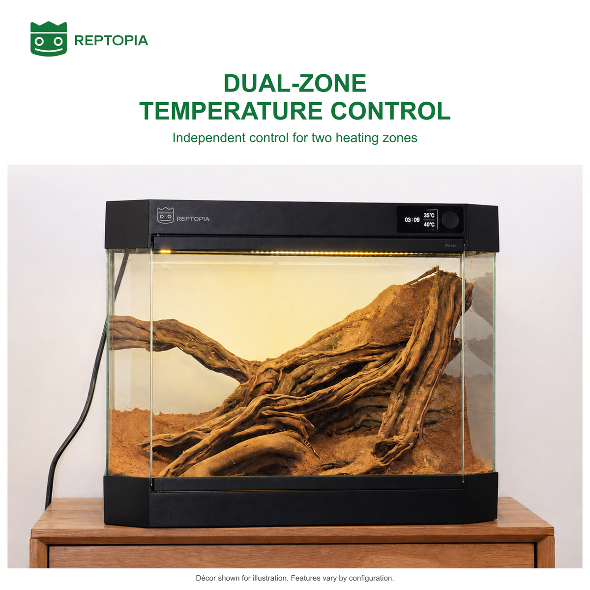 REPTOPIA D1 black terrarium showing dual-zone temperature control