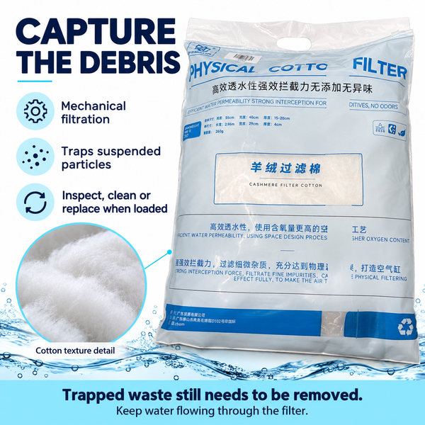 MAYIN filter cotton captures suspended debris and needs inspection, cleaning or replacement