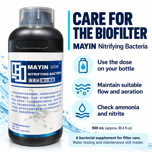 MAYIN nitrifying bacteria 900 mL: follow the bottle dose, maintain flow and check ammonia and nitrite
