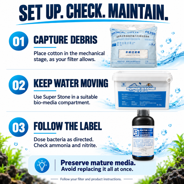 Filter care steps for cotton placement, bio-media flow and label-directed bacteria use