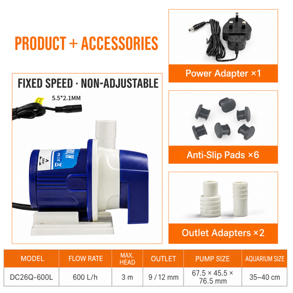 ZKSJ DC26Q-600L Fixed-Speed Aquarium Water Pump, 12 V