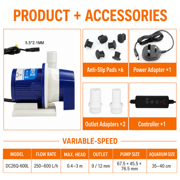 ZKSJ DC26Q-600L Aquarium Pump – Adjustable speed, 12 V