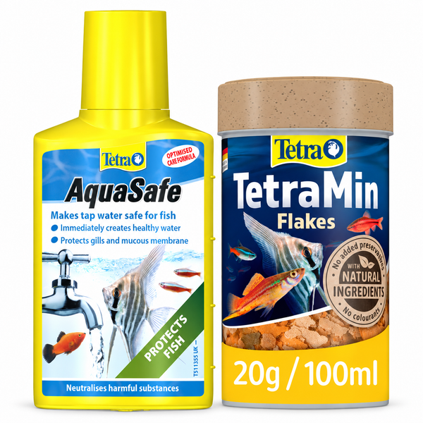Tetra AquaSafe water conditioner 50 mL (approx. 1.69 fl oz) and TetraMin Flakes 20 g / 100 mL, one pack each on a white background