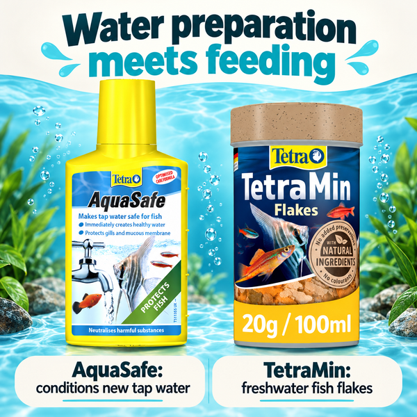 Water preparation meets feeding. AquaSafe: conditions new tap water. TetraMin: freshwater fish flakes