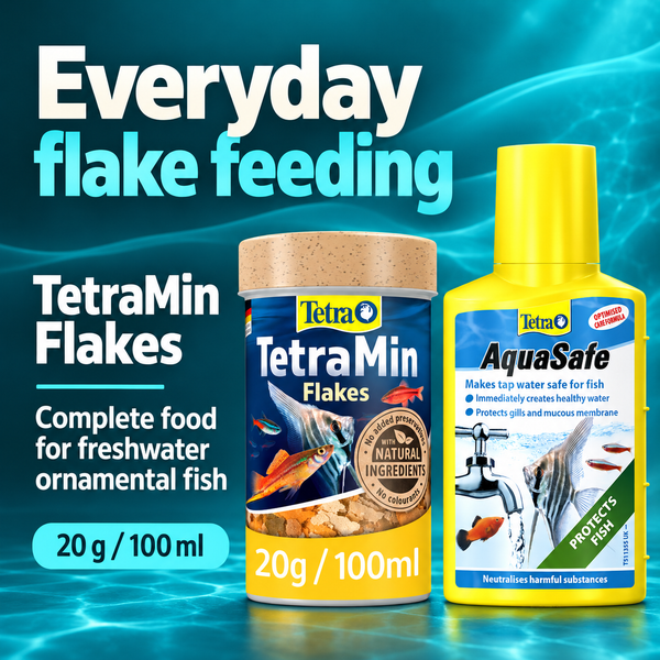 Everyday flake feeding. TetraMin Flakes. Complete food for freshwater ornamental fish. 20 g / 100 mL