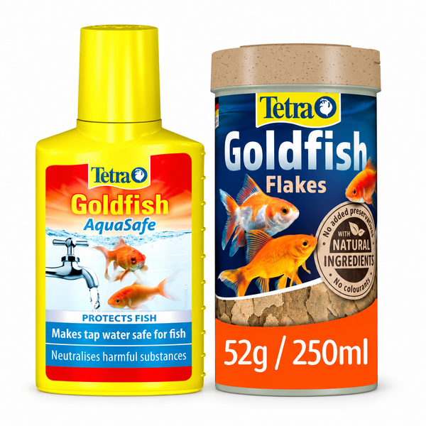 Tetra Goldfish AquaSafe water conditioner 100 mL (approx. 3.38 fl oz) and Tetra Goldfish Flakes 52 g / 250 mL, one pack each on a white background