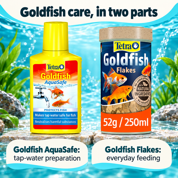 Goldfish care, in two parts. Goldfish AquaSafe: tap-water preparation. Goldfish Flakes: everyday feeding
