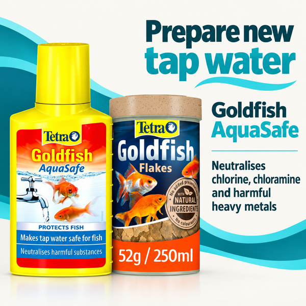 Prepare new tap water. Goldfish AquaSafe. Neutralises chlorine, chloramine and harmful heavy metals