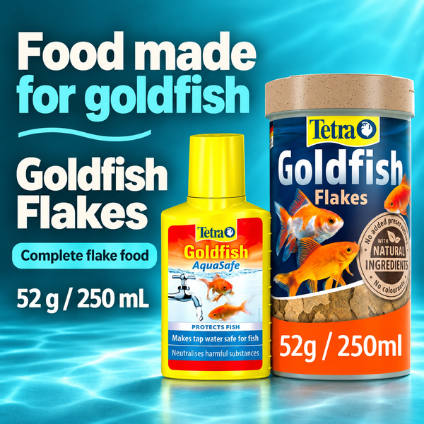 Food made for goldfish. Goldfish Flakes. Complete flake food. 52 g / 250 mL