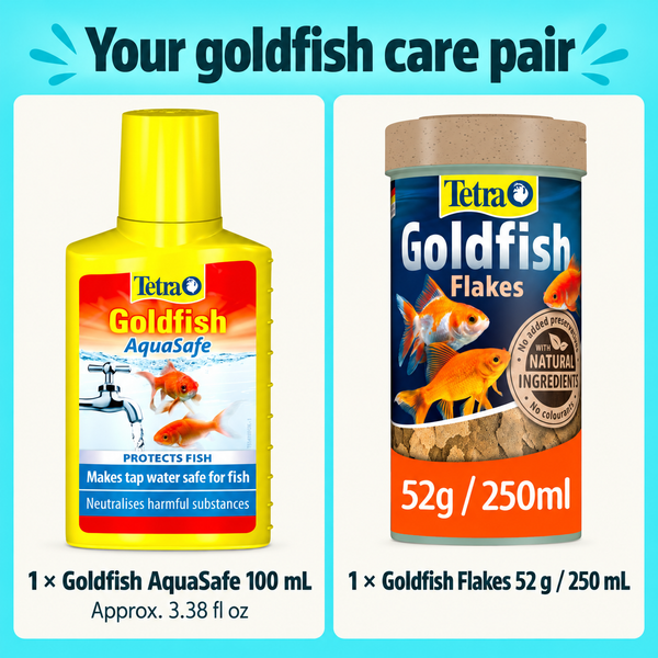 Your goldfish care pair. 1 × Goldfish AquaSafe 100 mL. Approx. 3.38 fl oz. 1 × Goldfish Flakes 52 g / 250 mL